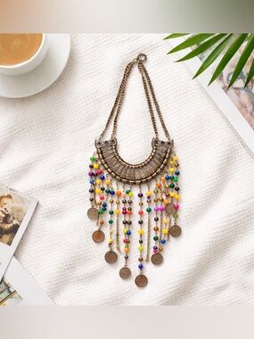 🛍️ ALDO Boho colorful bronze charms ball chain bib necklace